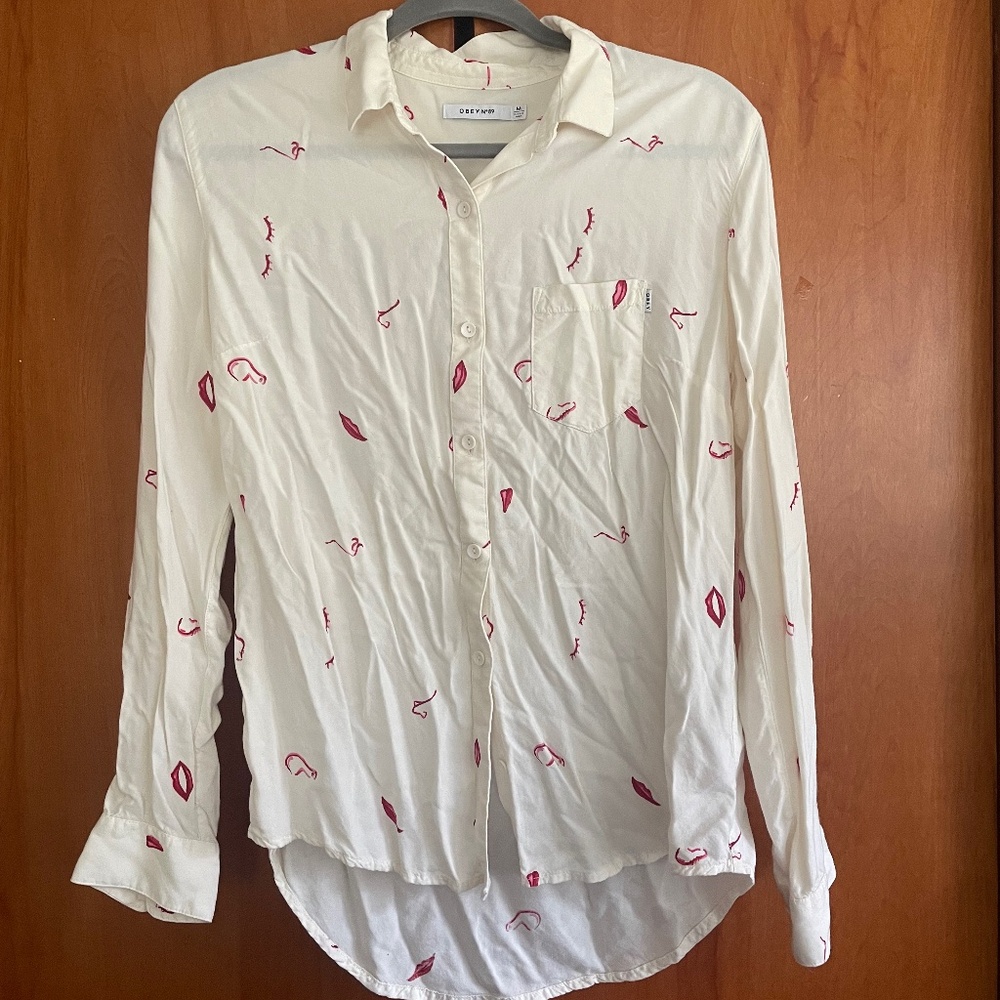 Obey cream button down shirt abstract facial features